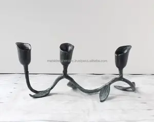 Vintage Brass Calla Lily <b>Leaf</b> Candle Holder with Green Patina 3-Candle Aluminium Floral Taperholder for Christmas - Product Image 1