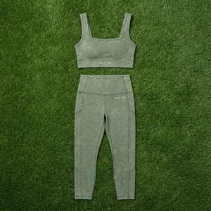 Conjunto de Yoga Verde Oliva para Mujer, Top Deportivo con Cuello Cuadrado y Lavado Ácido, Leggings Largos de Cintura Alta, Ropa Deportiva para Gimnasio y Fitness - Product Image 6
