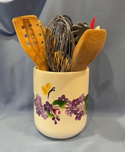 Hand Painted Ceramic Utensil Holder Glossy Finish Sturdy Build Heat Safe <b>Decorative</b> Floral Design <b>Kitchen</b> Counter Organizer - Product Image 2