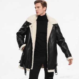 Men's Long <b>Black</b> Leather <b>Jacket</b> With <b>Faux</b> <b>Fur</b> Lining Zipper Closure Windproof Winter Moto Style Regular Fit - Product Image 1