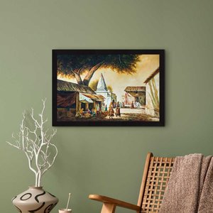 Arte de Pared Enmarcado ArtX, Escena de Pueblo Rajastaní Hecha a Mano en Papel, Pintura de Naturaleza Multicolor, 18 x 12 Pulgadas, Decoración para Sala de Estar - Product Image 2