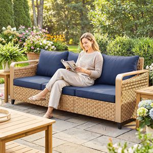 Divano da Esterno in Rattan Blu Scuro a 3 Posti con Cuscini Impermeabili per Giardino, Cortile, Portico o Luoghi Sportivi/Palestre - Product Image 2