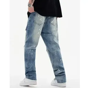 Jean baggy déchiré de haute qualité pour homme, coupe large, délavé, couleur unie, style streetwear - Product Image 3