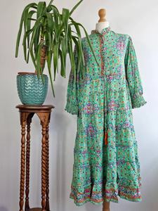 Midi Green Floral Silk Cotton Blend <b>Dress</b> Elegant and Comfy <b>Bohemian</b> Style for Summer Wedding High Tea or Daywear - Product Image 4