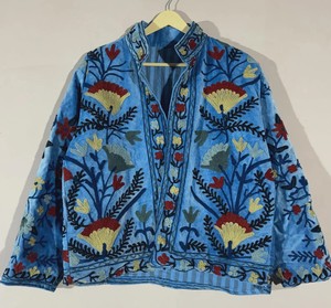 Sky Blue Velvet Woven Embroidered Floral Mandarin Collar Full Sleeve Women's Outerwear Boho Winter Jacket Cotton Lining <b>Gift</b> Her - Product Image 1