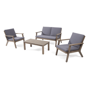 Set da Giardino Temecula in Legno di Acacia per 4 Persone con Divanetto, Tavolino e 2 Poltrone Club con Finitura Grigia e Cuscini Grigio Scuro - Product Image 3