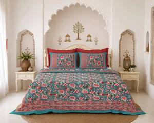 Parure de draps en coton sérigraphiée MALONI CREATIONS, motif floral indien bohème fait main de Jaipur, 300 fils, drap plat lavable, vente en gros - Product Image 5