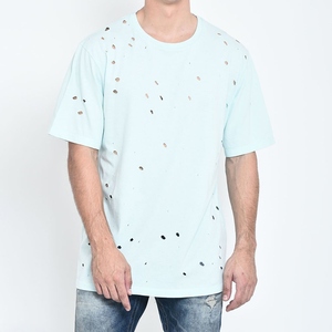 Camiseta de Manga Corta para Hombre, Color Azul Claro, Cuello Redondo, con Detalles Recortados, Corte Regular, Tejido de Punto Jersey, Algodón, Estilo Casual - Product Image 1