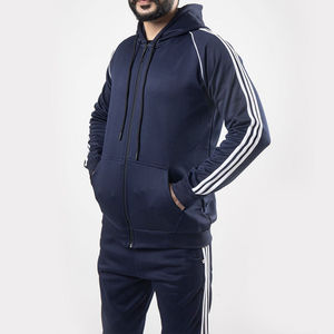 Chándal para hombre, chándal personalizado con logo, conjunto deportivo de forro polar, ropa de gimnasio para hombre, corte ajustado, con rayas, capucha y cremallera, traje deportivo. - Product Image 4