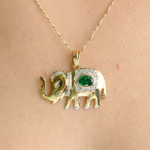 14K Yellow Gold Majestic Elephant <b>Pendant</b> with Natural <b>Emerald</b> and Diamond - Product Image 1
