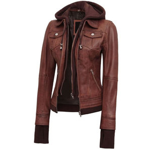 Women's Hooded Brown Leather <b>Jacket</b> - 2-in-1 Versatile Biker Style - Fashionable Slim Fit Ladies Leather Outerwear - Product Image 1