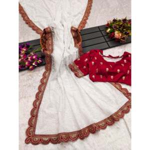 ผ้าส่าหรีทรงตรงสวยงามจาก Sai Creation พร้อมผ้าออร์แกนซ่าปักลายซ้อนทับสีตัดกัน ผูกคอแบบผูกเชือก เหมาะสำหรับงานปาร์ตี้ - Product Image 3