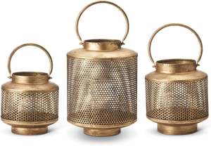 Ensemble de 3 lanternes à bougies en métal antique de style mid-century modern, forme ronde, design en filet avec poignée gravée, décorations de Noël - Product Image 5