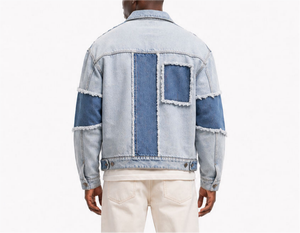 Men's Patchwork <b>Denim</b> <b>Jacket</b> With Frayed Details Turn-down Collar Zipper Closure Casual Autumn Style Regular Fit - Product Image 2