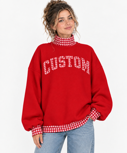 Sweat-shirt personnalisé à carreaux gingham pour femme, col montant rose oversize, vente en gros, usine de vêtements - Product Image 6