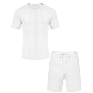 Men's Summer Casual White <b>Waffle</b> Cotton T-<b>Shirt</b> And Shorts Set Crew Neck Casual Summer Breathable Matching Outfit - Product Image 3
