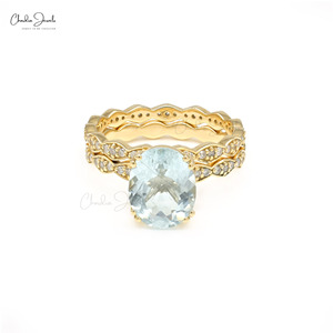 Anillo de Alta Gama con Aguamarina de Corte Ovalado de 10x8mm y Diamantes Blancos, Certificado por IGI, con Anillo Desmontable de Oro Amarillo Fino de 14k, Talla US-7, en Oferta - Product Image 2