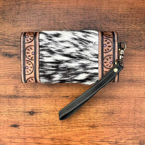 New Arrival Women's Luxury Western Leather Clutch Multi-Use Hand Tooled Carving with Stylish Cowhide Fur RFID <b>Feature</b> - Product Image 5