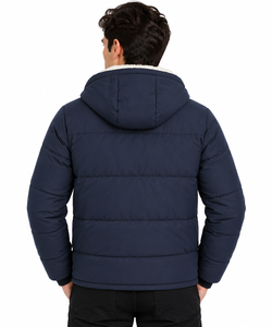 Premium <b>Men's</b> Casual Solid <b>Navy</b> Blue Hooded Puffer <b>Jacket</b> Zipper Sherpa Lined Full Sleeve <b>Quilted</b> Winter Heavyweight Insulated - Product Image 3