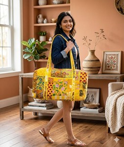 กระเป๋าโท้ทลายพิมพ์บล็อกแบบกำหนดเอง กระเป๋าโยคะผ้าฝ้ายเนื้อนุ่ม กระเป๋าแบบมีซิปปิด กระเป๋าผ้าฝ้ายปักลายดอกไม้แบบเย็บติดกัน - Product Image 2