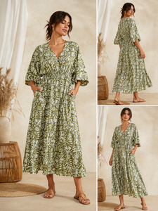 Vestido Maxi Estampado Floral Verde con Cuello en V y Manga 3/4, Ajuste Holgado, Estilo Bohemio Casual de Verano para Mujer, Lavable Digitalmente, Cintura Natural - Product Image 4
