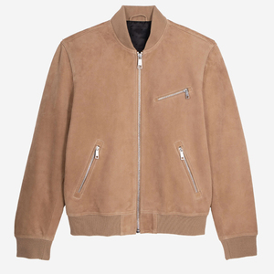 Suede <b>Leather</b> <b>Jacket</b> Round Neck Beige Color <b>Long</b> Sleeves <b>Jacket</b> With Zipped Pocket - Product Image 4