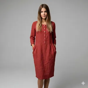 Luxury Yellow Plain Cotton Midi <b>Dress</b> With Button Front 3/4 Sleeve <b>Loose</b> Fit Boho Style Summer Casual <b>Dress</b> For Women - Product Image 3