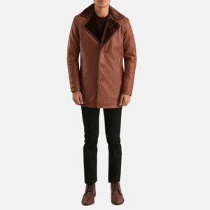 <b>Men's</b> <b>Brown</b> Genuine Leather Shearling Notched Lapel <b>Overcoat</b> Single Breasted Long Coat - Product Image 4