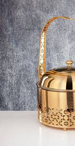 Plat de service rond de luxe en acier inoxydable doré, chauffe-plats de buffet avec base découpée au laser et couvercle suspendu pour mariage au Moyen-Orient - Product Image 6