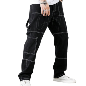 Pantalones vaqueros cargo negros personalizados para hombre, con costuras en contraste, multibolsillos, estilo urbano, corte holgado, ropa de trabajo - Product Image 4