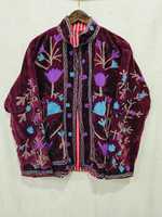 Veste en velours violet brodée avec un motif floral, col mandarin, manches longues, vêtement d'automne, broderie à la main, vestes pour femmes