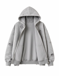 Sweat à capuche zippé gris délavé pour homme, coupe oversize, style vintage, effet usé, en molleton, streetwear, avec poches - Product Image 3