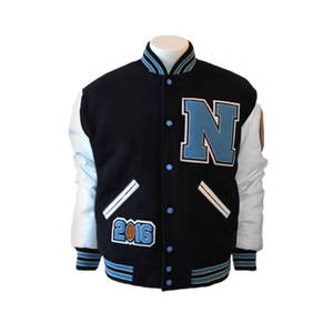 Blouson universitaire avec manches en cuir PU, épaules tombantes, col montant brodé, coupe oversize - Product Image 1