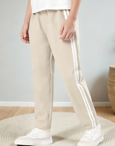 Pantalon de survêtement décontracté pour homme, beige, avec bande latérale, taille élastique, tricoté, respirant, longueur intégrale, poids moyen - Product Image 2