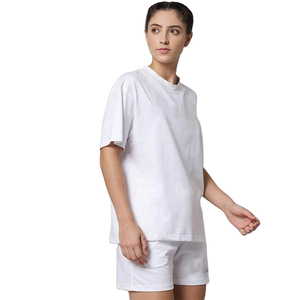 Women's <b>White</b> <b>2</b>-<b>Piece</b> Shorts <b>Set</b> O-Neck Short Sleeve Knitted Casual Breathable Spring Summer Solid Color Loose Fit - Product Image 4