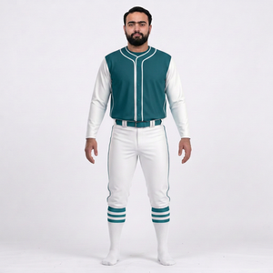 Ensemble de vêtements de baseball pour hommes, pantalon et maillot en jersey uni, manches courtes, col en V, respirant, coupe personnalisée, toutes saisons, couleur blanc et turquoise, 100% coton - Product Image 1