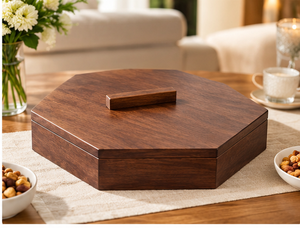 Plateau de rangement portable hexagonal moderne en bois naturel avec couvercle, 7 compartiments, organisateur multifonctionnel pour fruits secs, noix, bonbons, salon - Product Image 2