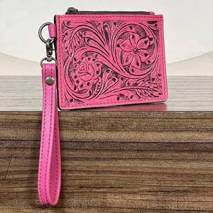 Porte-monnaie et porte-cartes en cuir véritable fait main, avec gravures florales, nouveau style western, fermeture éclair, pour femmes, portefeuille à poignet - Product Image 4