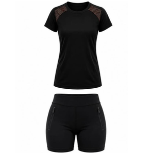 Women's Solid Knitted Rhinestone Gym Training Suit | Stretchable Workout Set for Yoga & Fitness | Short Sleeves - Product Image 2