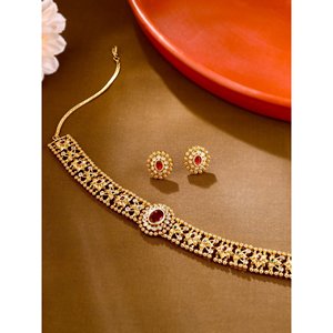 Joyería Tradicional India para Templo, Collar Chapado en Oro con Diseño Floral y Aretes con Circonitas para Novias y Bodas - Product Image 3