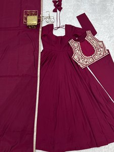 Women Rayon Embroidered Anarkali Suit Dupatta Set Maroon Floral Border Party <b>Wedding</b> Outfit For Women Wear - Product Image 6