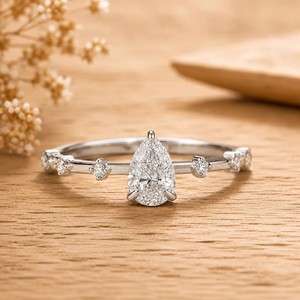 Minimalist Bridal Band 10K 14K 18K Solid Solid Gold IGI Certified Fine Side Stone Jewelry Pear & Round Lab Diamond <b>Wedding</b> Ring - Product Image 3