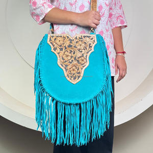 2025 New <b>Large</b> Capacity Fashionable Hand Tooled Suede Leather Fringe Crossbody Bag for Women's Custom Messenger Shoulder Handbag - Product Image 4