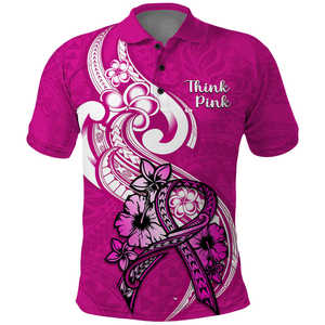 <b>Think</b> Pink Polynesian Floral Print Men's Short Sleeve Polo Shirt Regular Fit 100% Polyester Casual Wear - Product Image 2