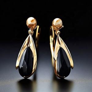 Boucles d'oreilles pendantes en argent sterling 925 à la mode vintage avec placage d'argent en diamant poire longue en onyx noir pour les mariages et les fêtes - Product Image 3