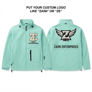 ZAINI Premium 340 GSM Polyester <b>Soft</b> <b>Shell</b> <b>Jacket</b> Mint Green Panel Design <b>Hooded</b> Breathable Windproof Eco-Friendly Men's - Product Image 1