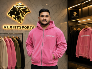 REXFITSPORTS 2026 Sudadera con capucha rosa de pana personalizada con cremallera, unisex, forro polar, estilo urbano, chaqueta con cremallera completa y paneles en contraste, privada - Product Image 4