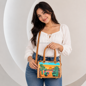 2026 Wholesale Hand Painted Desert Cactus Design Speedy Bag <b>Genuine</b> Cowhide Leather Boutique Duffle Purse Travel Tote for Women - Product Image 4