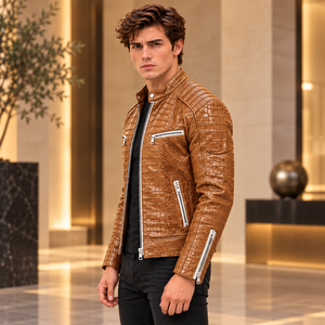 Men's <b>Brown</b> for Embossed <b>Leather</b> Breathable Vintage Streetwear Biker <b>Jacket</b> Custom OEM Luxury Genuine <b>Leather</b> - Product Image 2