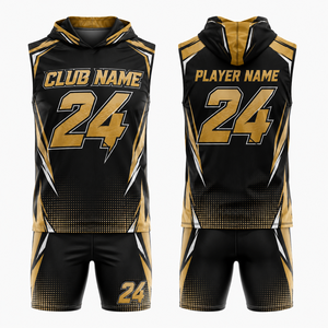 Conjunto de Uniforme de Baloncesto Personalizado Sublimado en Spandex, Negro y Dorado, Talla 24, Transpirable, Unisex para Adultos, con Capucha y Fusión sin Costuras - Product Image 1